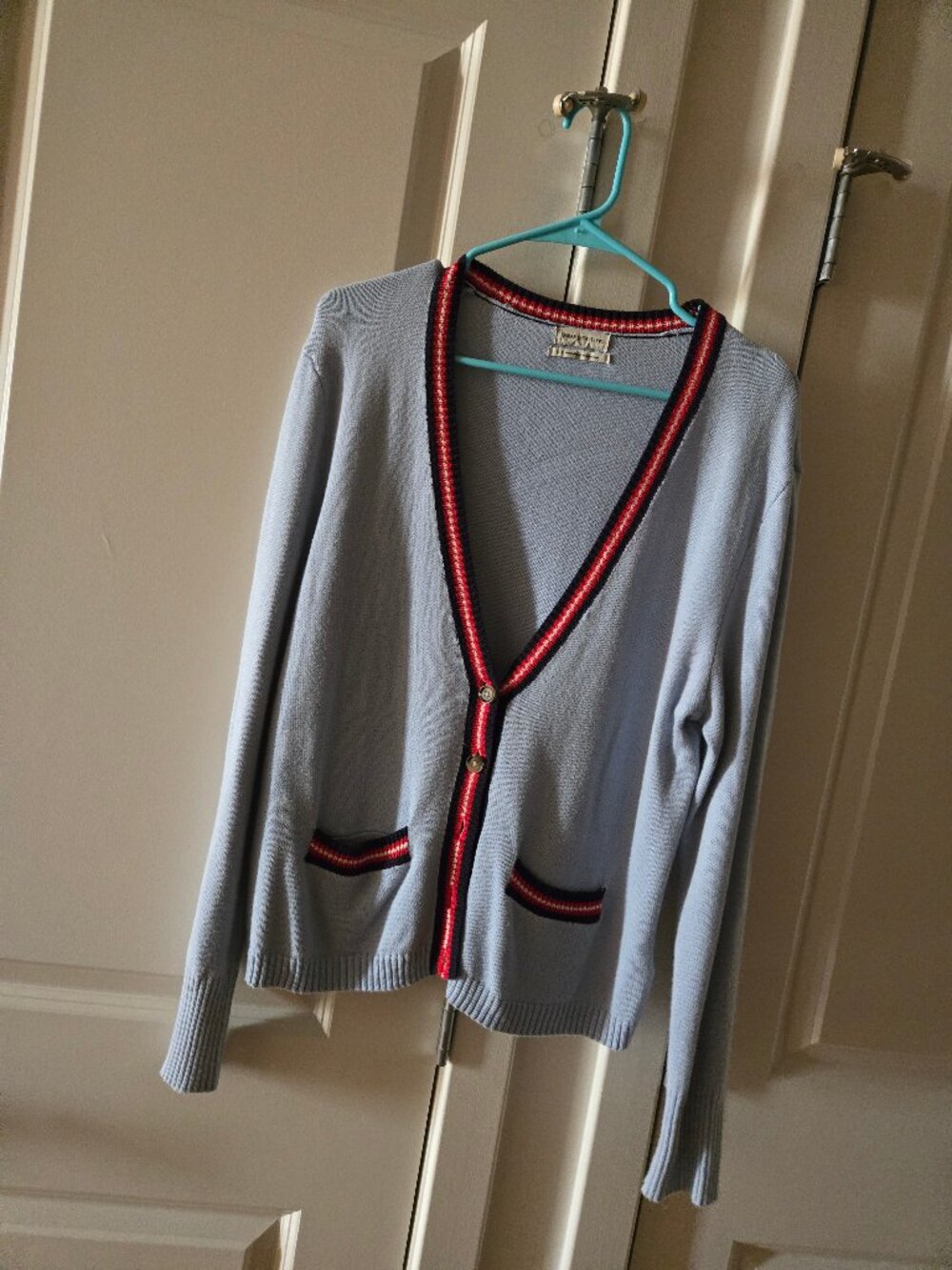 S Urban Outfitters Lightweight Cardigan - Light blue, red/white/blue border